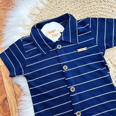 Conj. Camiseta Listrada com Bermuda Saruel - Marinho e Off White